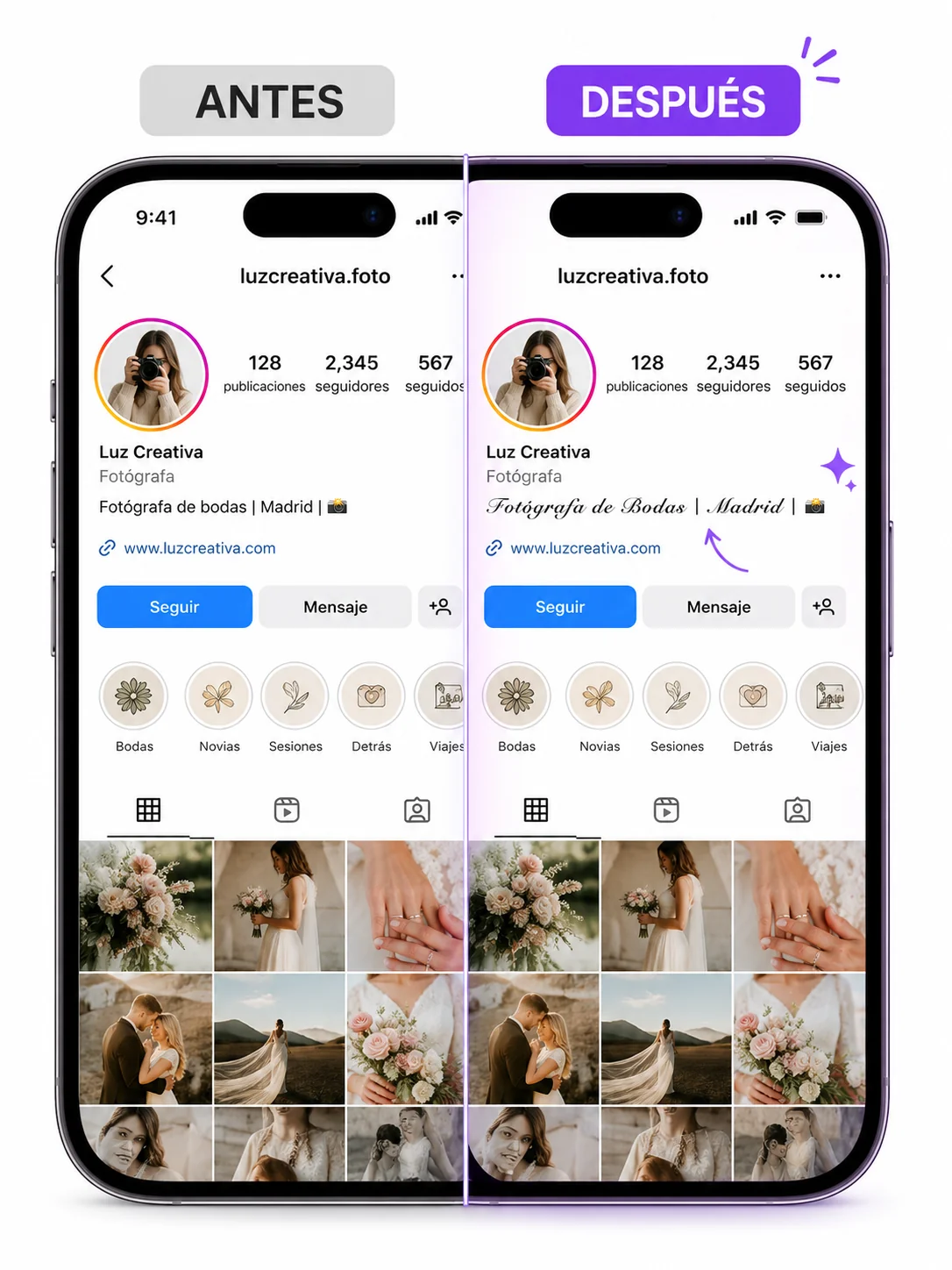 Comparación de bio de Instagram antes y después de usar letras bonitas — perfil de fotógrafa