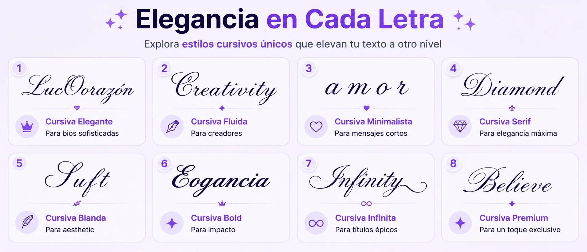 8 estilos de letras cursivas elegantes: cursiva elegante, fluida, minimalista, serif, blanda, bold, infinita y premium