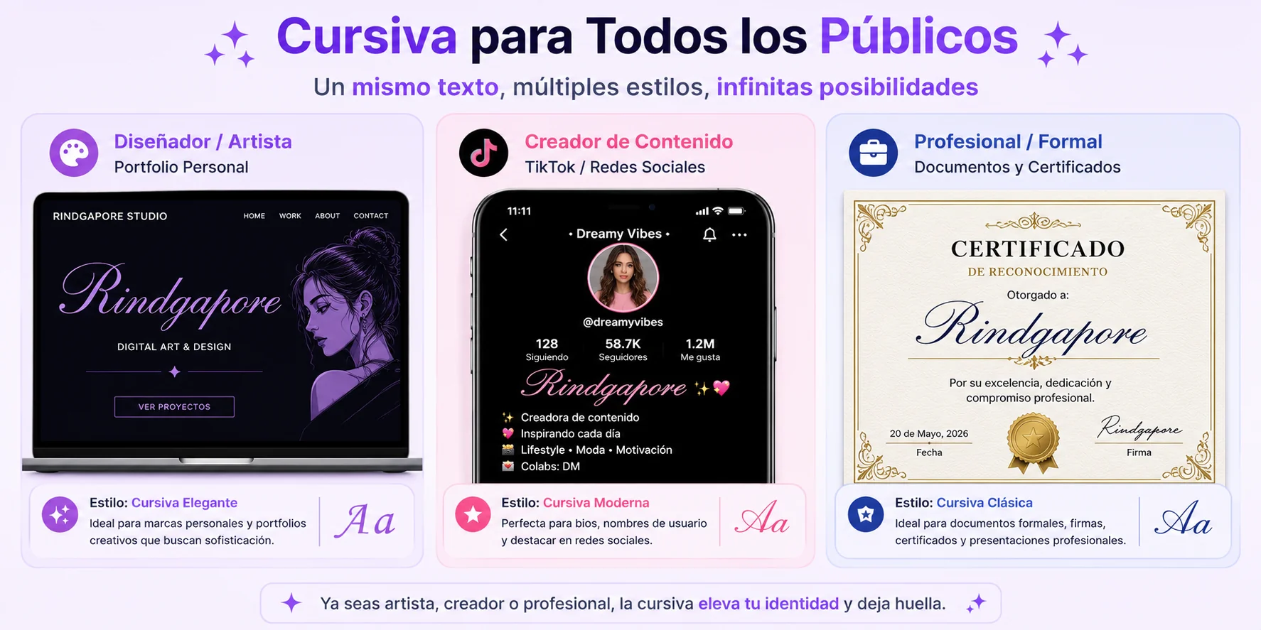 Letras cursivas para todos los públicos: diseñador/artista para portfolio, creador de contenido para TikTok y redes, profesional para documentos y certificados