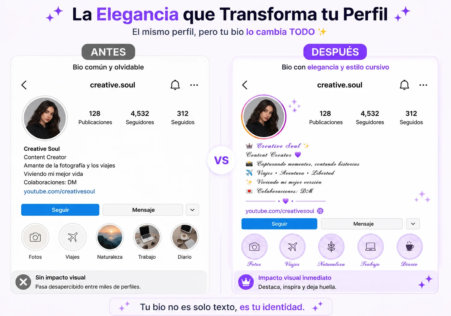 Antes y después de usar letras cursivas en Instagram: bio común vs bio elegante con cursiva — Creative Soul