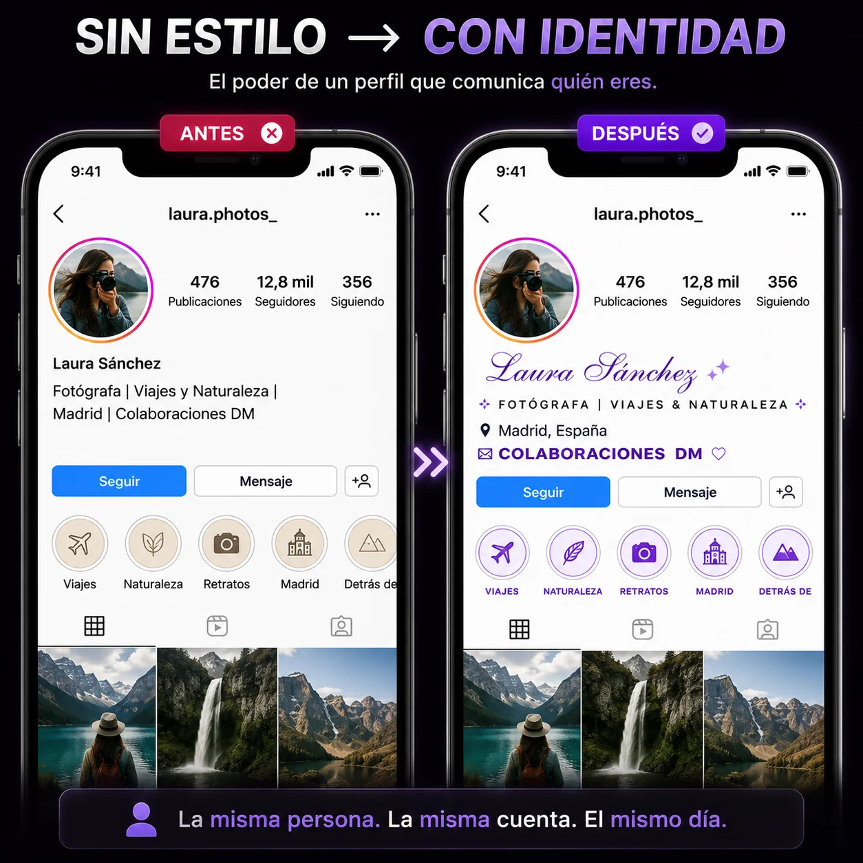 Antes y después de letras bonitas en Instagram: perfil de Laura Sánchez fotógrafa sin estilo vs con identidad visual completa usando Unicode