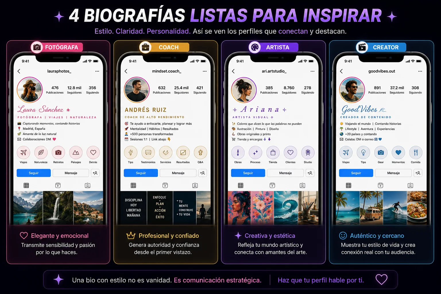 4 biografías de Instagram listas para inspirar: fotógrafa elegante y emocional, coach profesional y confiado, artista creativa y estética, creator auténtico y cercano