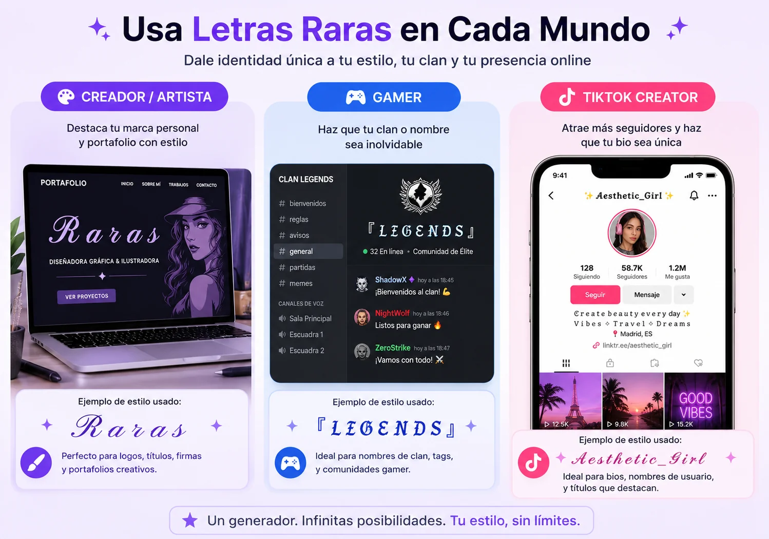 Letras raras en cada mundo: Creador/Artista para portafolio, Gamer para nombres de clan, TikTok Creator para bio única